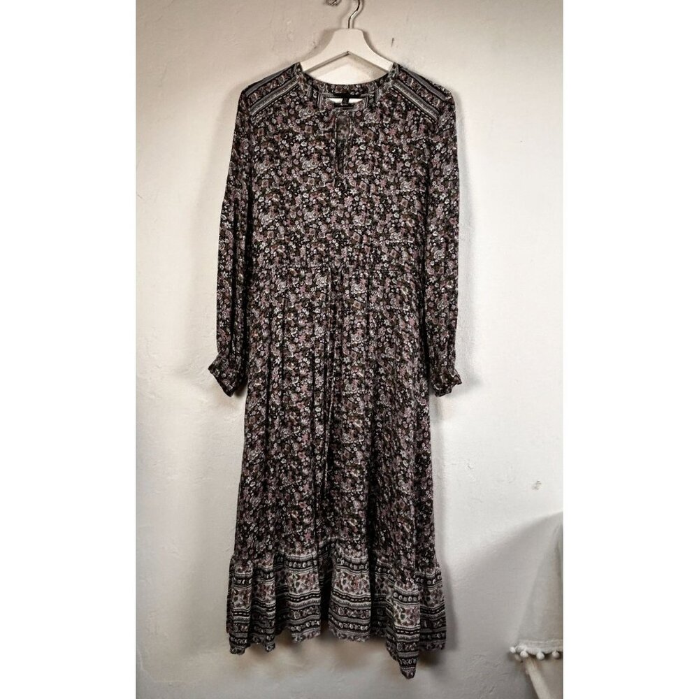 Lucky Brand Womens Border Floral Boho Midi Dress Large Black Pink Long Sleeve